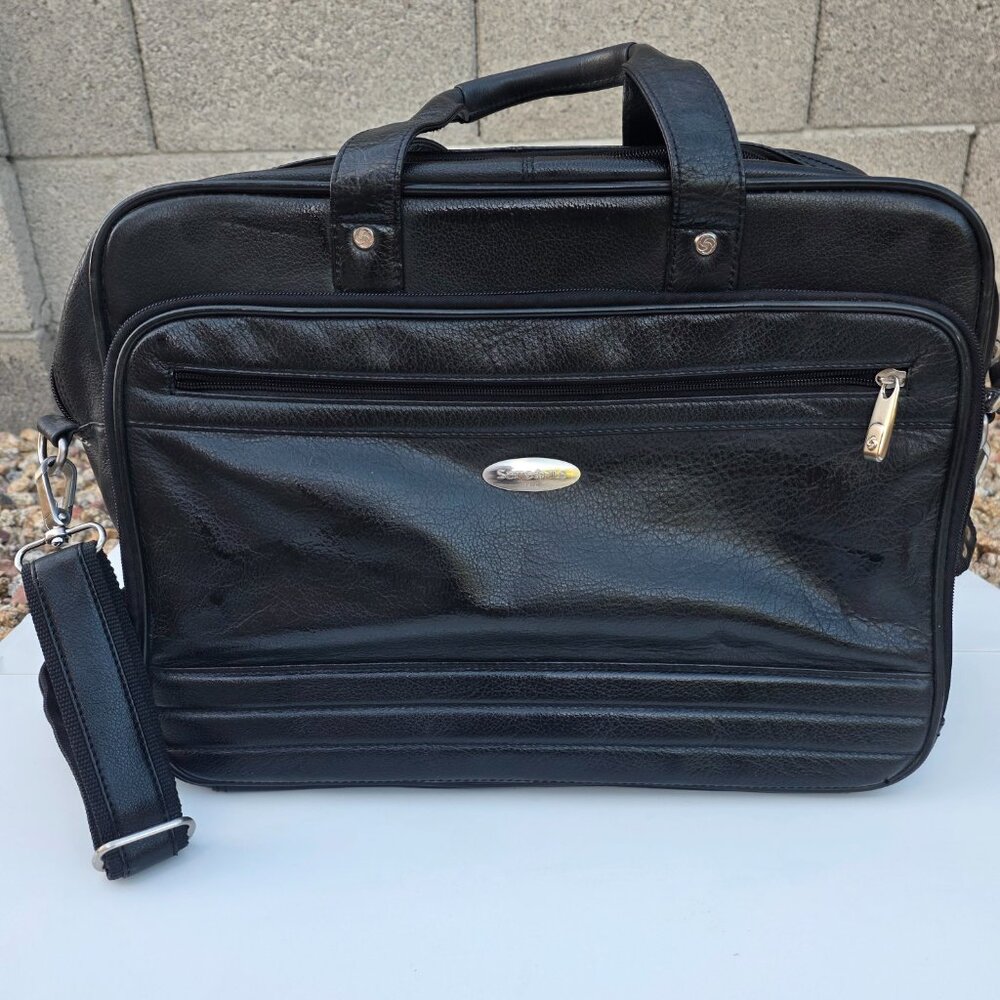 Samsonite LArge Black Leather Expandable Laptop Briefcase  With Strap - Picture 7 of 9